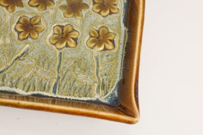 Hand Made Hand Built Large Pottery Rectangle Plate Decorated With Pansies With Our Floating Orange and Green Variegated Glaze 5