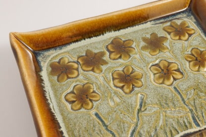Hand Made Hand Built Large Pottery Rectangle Plate Decorated With Pansies With Our Floating Orange and Green Variegated Glaze 6