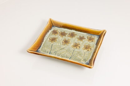 Hand Made Hand Built Large Pottery Rectangle Plate Decorated With Pansies With Our Floating Orange and Green Variegated Glaze 7