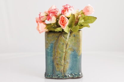 Hand Made Slab Built Rectangle Vase With Impressed Design Decorated In Our Wacky Wombat Glaze 2