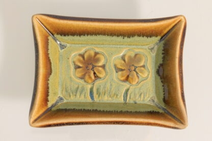 Hand Made Slab Built Small Rectangular Plate Decorated With Hand Painted Pansies In Our Floating Orange Glaze Over Our Green Base Glaze 3