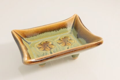 Hand Made Slab Built Small Rectangular Plate Decorated With Hand Painted Pansies In Our Floating Orange Glaze Over Our Green Base Glaze 5