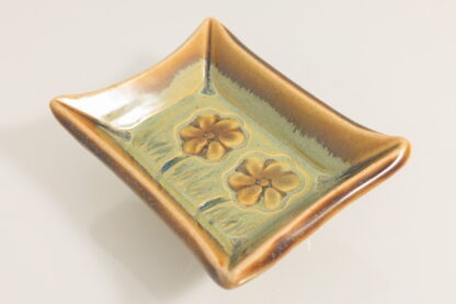 Hand Made Slab Built Small Rectangular Plate Decorated With Hand Painted Pansies In Our Floating Orange Glaze Over Our Green Base Glaze 6