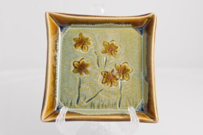 Hand Made Slab Built Square Plate Decorated With Hand Painted Pansies Glazed With Floating Orange And Green Glaze 2