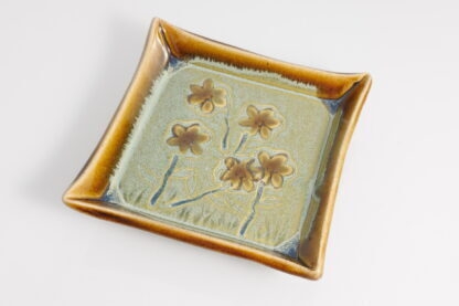 Hand Made Slab Built Square Plate Decorated With Hand Painted Pansies Glazed With Floating Orange And Green Glaze 3