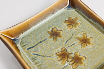 Hand Made Slab Built Square Plate Decorated With Hand Painted Pansies Glazed With Floating Orange And Green Glaze 4