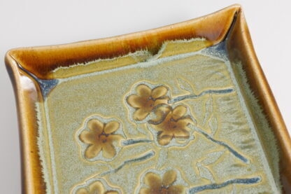 Hand Made Slab Built Square Plate Decorated With Hand Painted Pansies Glazed With Floating Orange And Green Glaze 5