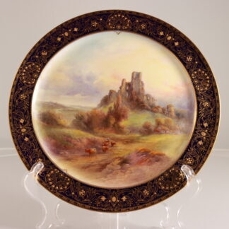 Original 1926 Gold Gilt Landscape Scene Cabinet Plate With Stand By John Stinton “corfe Castle” By Royal Worcester 1