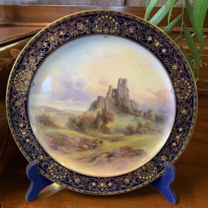 Original 1926 Gold Gilt Landscape Scene Cabinet Plate With Stand By John Stinton “corfe Castle” By Royal Worcester 2
