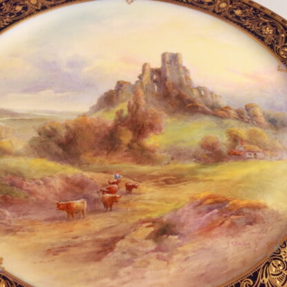 Original 1926 Gold Gilt Landscape Scene Cabinet Plate With Stand By John Stinton “corfe Castle” By Royal Worcester 4