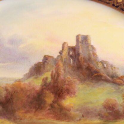 Original 1926 Gold Gilt Landscape Scene Cabinet Plate With Stand By John Stinton “corfe Castle” By Royal Worcester 5