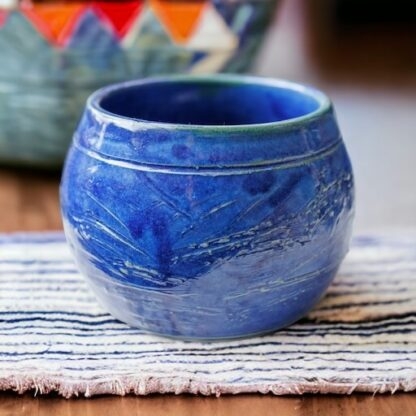 Hand Made Wheel Thrown Bowl With Textured Decoration Glazed In Our Sapphire Blue Glaze