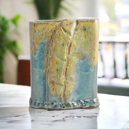 Hand Made Slab Built Rectangle Vase With Impressed Design Decorated In Our Wacky Wombat Glaze By Tmc Pottery 1121