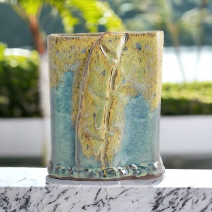 Hand Made Slab Built Rectangle Vase With Impressed Design Decorated In Our Wacky Wombat Glaze By Tmc Pottery 1122