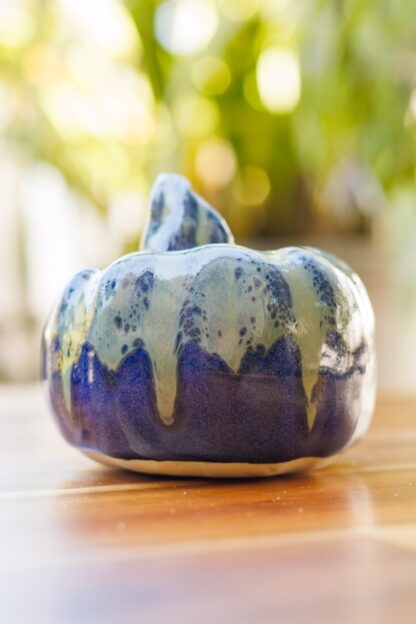 Hand Made Slab Built Small Pottery Pumpkin Decorated In Our Midnight Forest Glaze 4