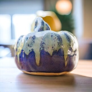 Hand Made Slab Built Small Pottery Pumpkin Decorated In Our Midnight Forest Glaze 8