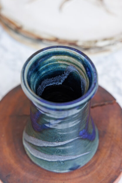 Hand Made Wheel Thrown Vase Decorated In Our Stonewash, Sapphire Blue & Aussie Bush (cover) Glaze 1
