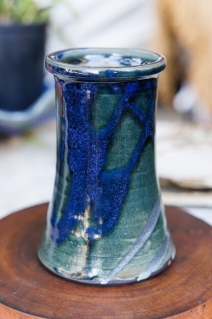 Hand Made Wheel Thrown Vase Decorated In Our Stonewash, Sapphire Blue & Aussie Bush (cover) Glaze 3