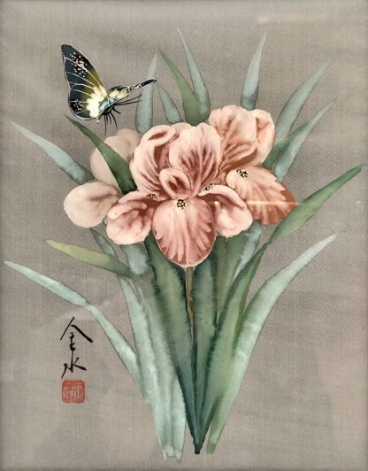 Oriental Floral & Butterfly Hand Painted Mixed Media on Silk 2