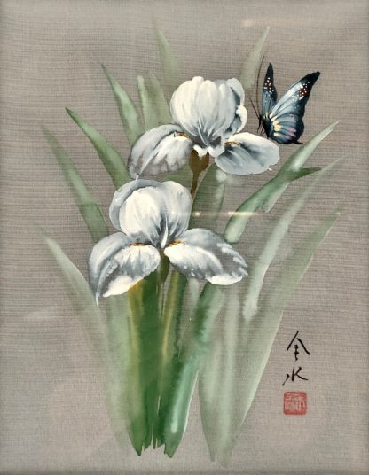 Oriental Floral & Butterfly Hand Painted Mixed Media on Silk 4