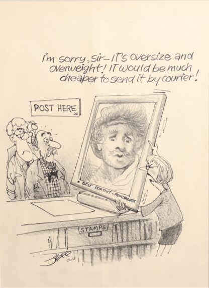 Original Ink & Pencil Cartoon ‘i’m Sorry, Sir – It’s Oversize And Overweight! It Would Be Much Cheaper To Send It By Courier..!’ By Geoffrey Raynor Hook Oam (1928 – 2018) 44