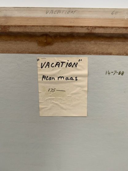 MATERIAL'Vacation' 1988 Oil On Board by Alan Maas 7S: Oil on Board DIMENSIONS: Image size 58cm x 48cm Frame size 75cm x 65cm x 5cm INSCRIPTIONS: Signed ‘Alan Maas 1982’ “Alan studying art at RMIT has had many successful exhibitions including Camberwell Gallery and the Central Victorian region in the Agricultural, Rotary and other art shows”