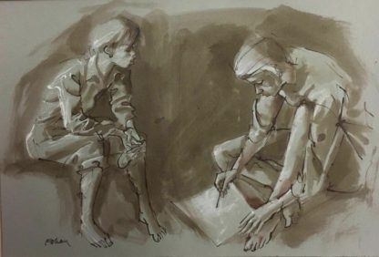 Original Ink and Wash Drawing “Two Girls” Signed lower Left By Louis Kahan AO (1905 – 2002 Austrian – Australian) 1