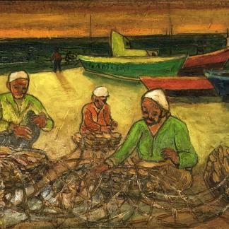 Repairing Nets Oil on Board Painting Isaac Amitai Israel 1907-1984 1