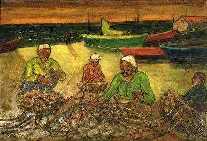 Repairing Nets Oil on Board Painting Isaac Amitai Israel 1907-1984 1