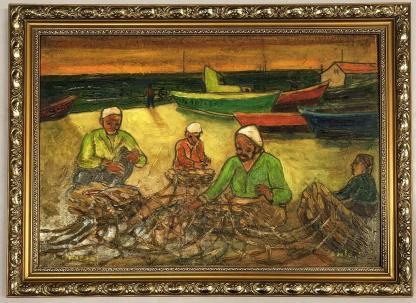 Repairing Nets Oil on Board Painting Isaac Amitai Israel 1907-1984 3