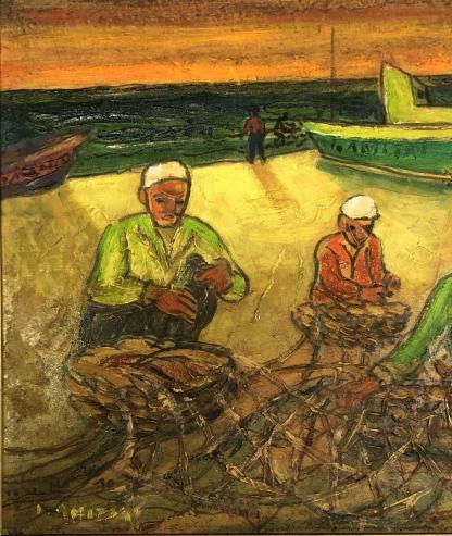 Repairing Nets Oil on Board Painting Isaac Amitai Israel 1907-1984 5