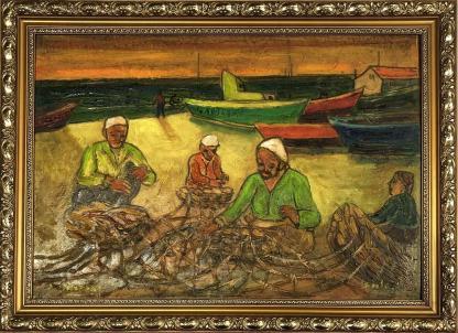 Repairing Nets Oil on Board Painting Isaac Amitai Israel 1907-1984 7