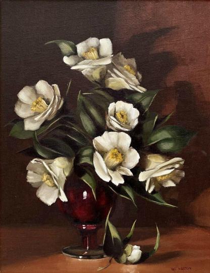 Val Walton Camelia's in Red Vase Oil on Board Painting 1