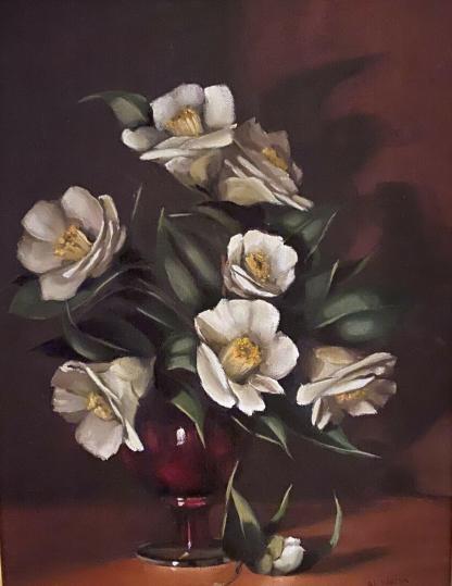 Val Walton Camelia's in Red Vase Oil on Board Painting 4