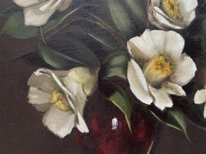 Val Walton Camelia's in Red Vase Oil on Board Painting 9