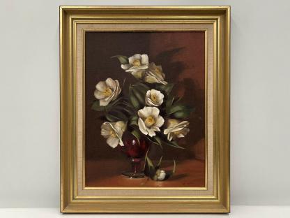 Val Walton Camelia's in Red Vase Oil on Board Painting 8