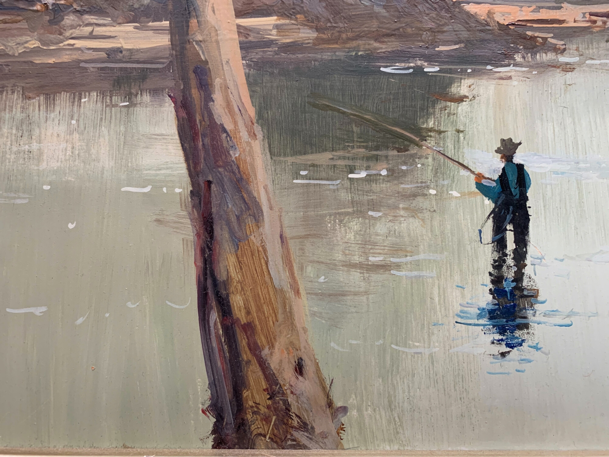 Fishing Scene” (untitled) Original Artwork Oil on Board Painting