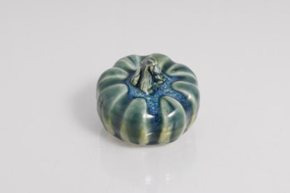 Hand Made Hand Built Halloween Style Pumpkin Glazed In Our Rutile Green Base With Floating Blue Cover 4