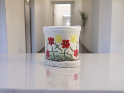 Hand Made Hand Built Pottery Flower Vase Decorated With Hand Painted Pansies On White Clay 1 543