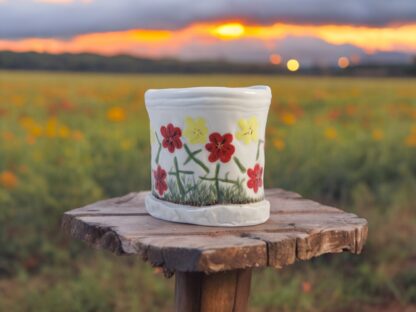 Hand Made Hand Built Pottery Flower Vase Decorated With Hand Painted Pansies On White Clay 1 876