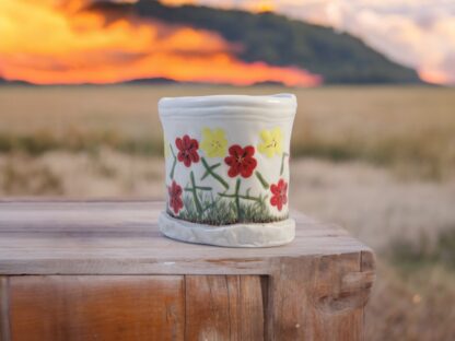 Hand Made Hand Built Pottery Flower Vase Decorated With Hand Painted Pansies On White Clay 1 987