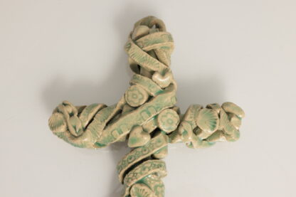 Hand Made Pottery Cross Decorated Scroll Relief & Love Hearts Glazed With Our Transparent Green Glaze 4