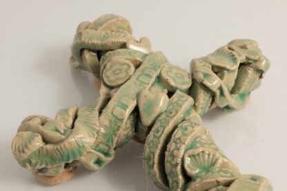 Hand Made Pottery Cross Decorated Scroll Relief & Love Hearts Glazed With Our Transparent Green Glaze 6