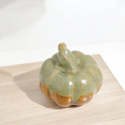 Hand Made Slab Built Small Halloween Style Pottery Pumpkin Decorated In Our Floating Orange & Green Variegated Cover Glaze By Tmc Pottery 222