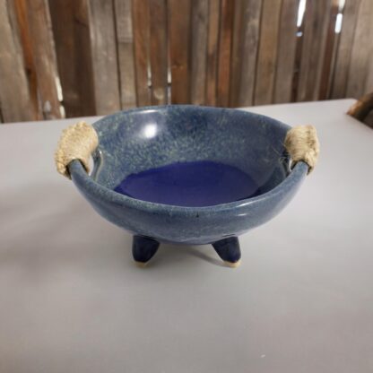 Handmade Twin Woven Handled Footed Pottery Bowl W: Midnight Forest Blue Glaze By Tmc Pottery 221