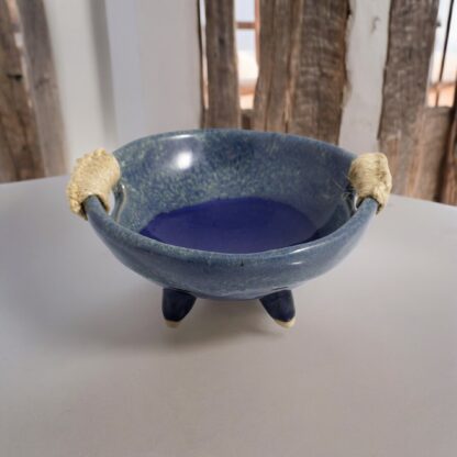 Handmade Twin Woven Handled Footed Pottery Bowl W: Midnight Forest Blue Glaze By Tmc Pottery 222