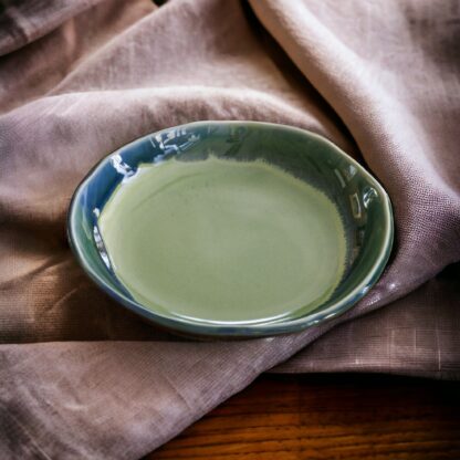 Hand Made Slab Built Pottery Dinner Plate Decorated In A Green Rutile Base With Sapphire Cover Glaze