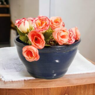 Handmade Wheel Thrown Pottery Flower Pot with Carved Rim and Blue Sapphire Glaze