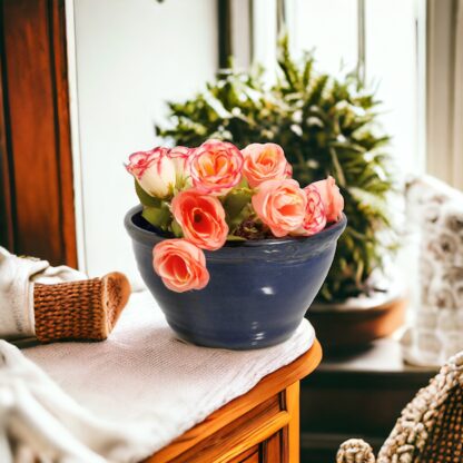 Handmade Wheel Thrown Pottery Flower Pot with Carved Rim and Blue Sapphire Glaze