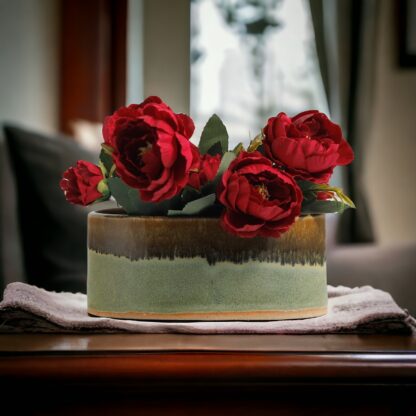 Wheel Thrown Pottery Flower Trough With Our Floating Orange Over Green Glaze